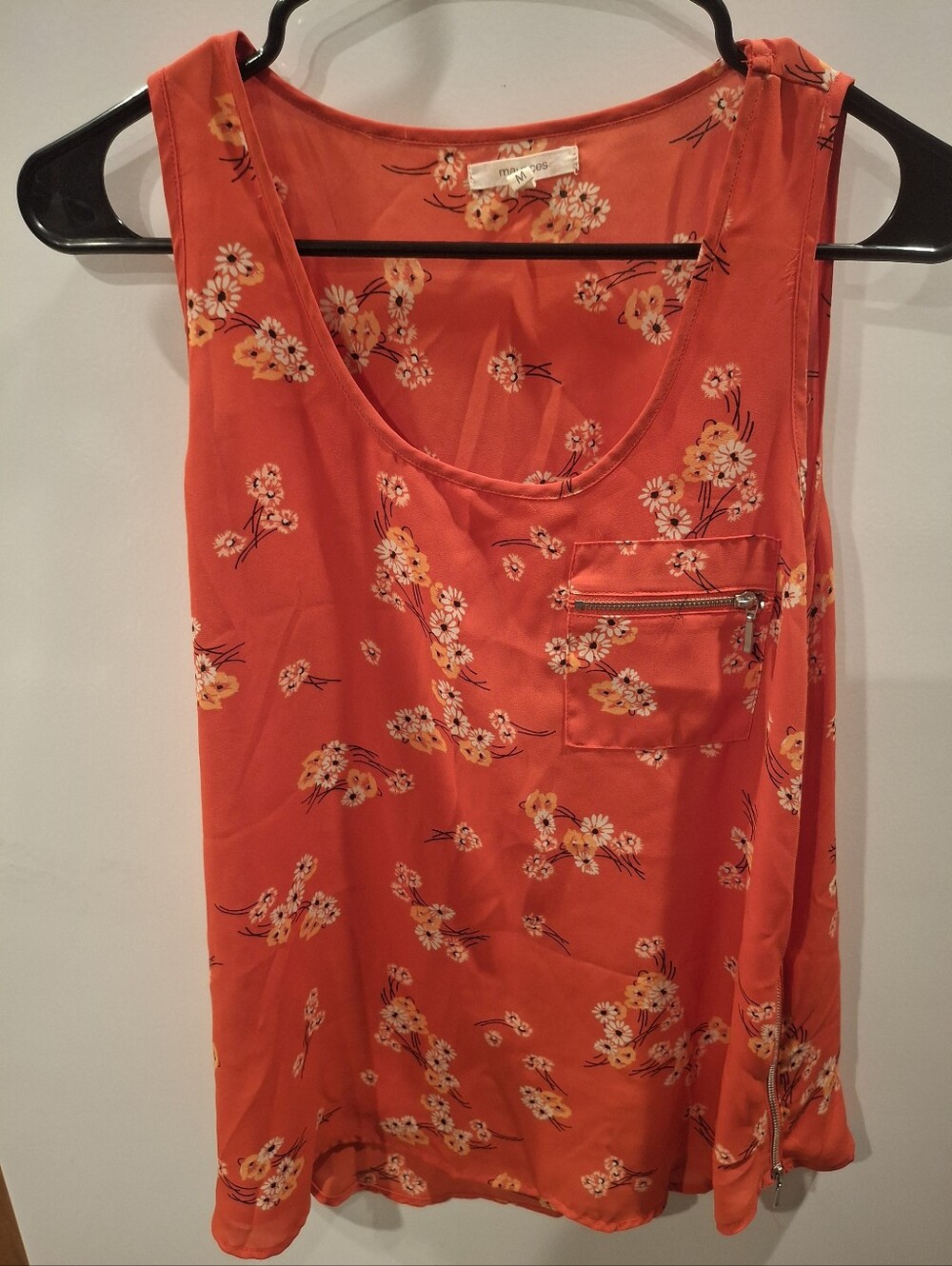 Maurices Orange Floral Scoop Neck Tank with Front Zip Pocket